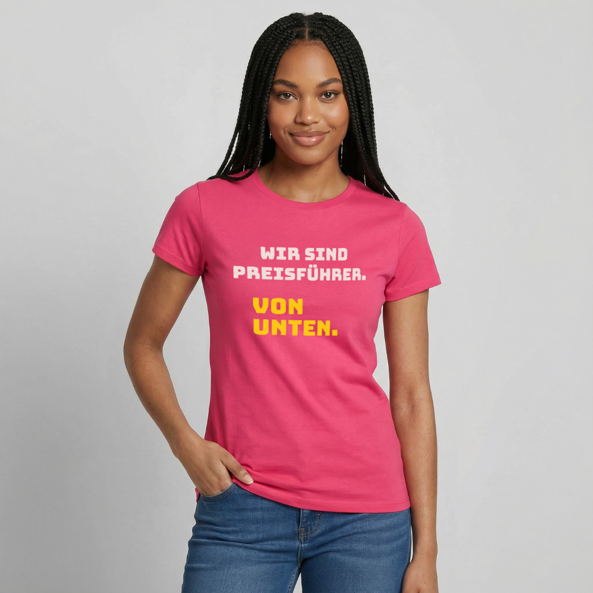 "Wir sind Preisführer. Von unten." Motiv-T-Shirt für Frauen, Farbe Azalea