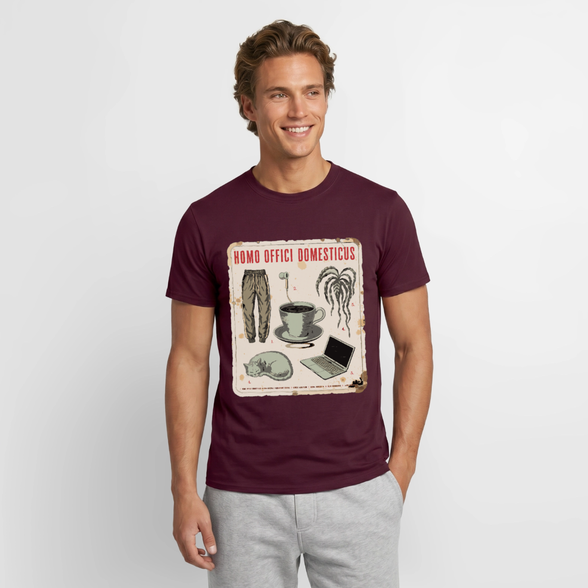 Homo Offici Domesticus Motiv-T-Shirt für Männer, Farbe Ziegelrot
