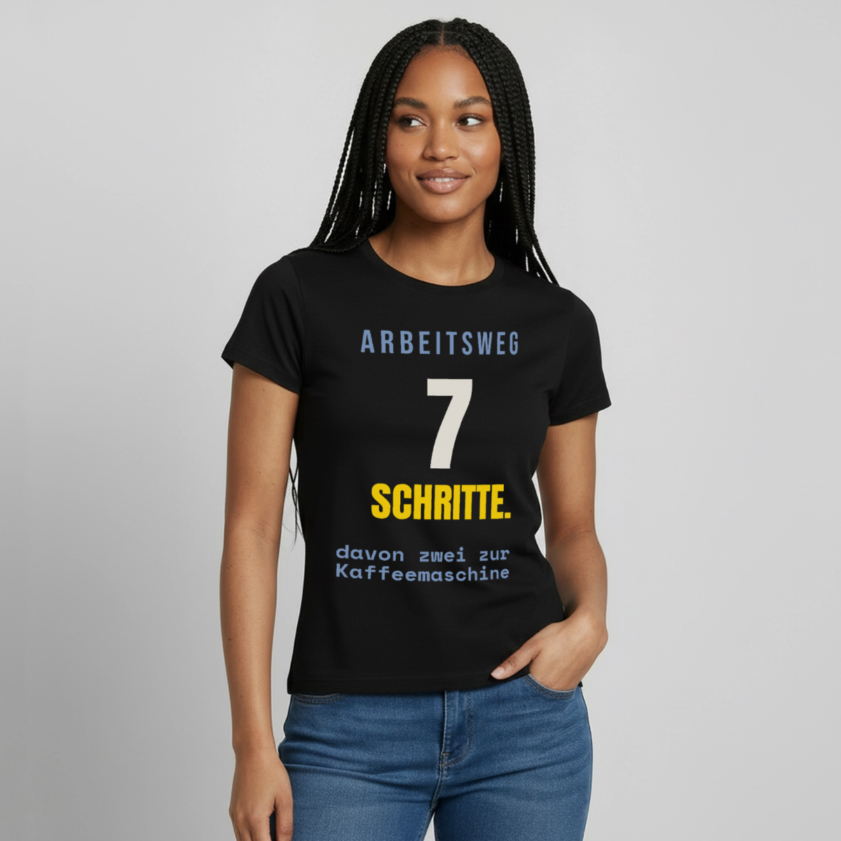 "Arbeitsweg: sieben Schritte" Motiv-T-Shirt für Frauen, Farbe Schwarz, Model