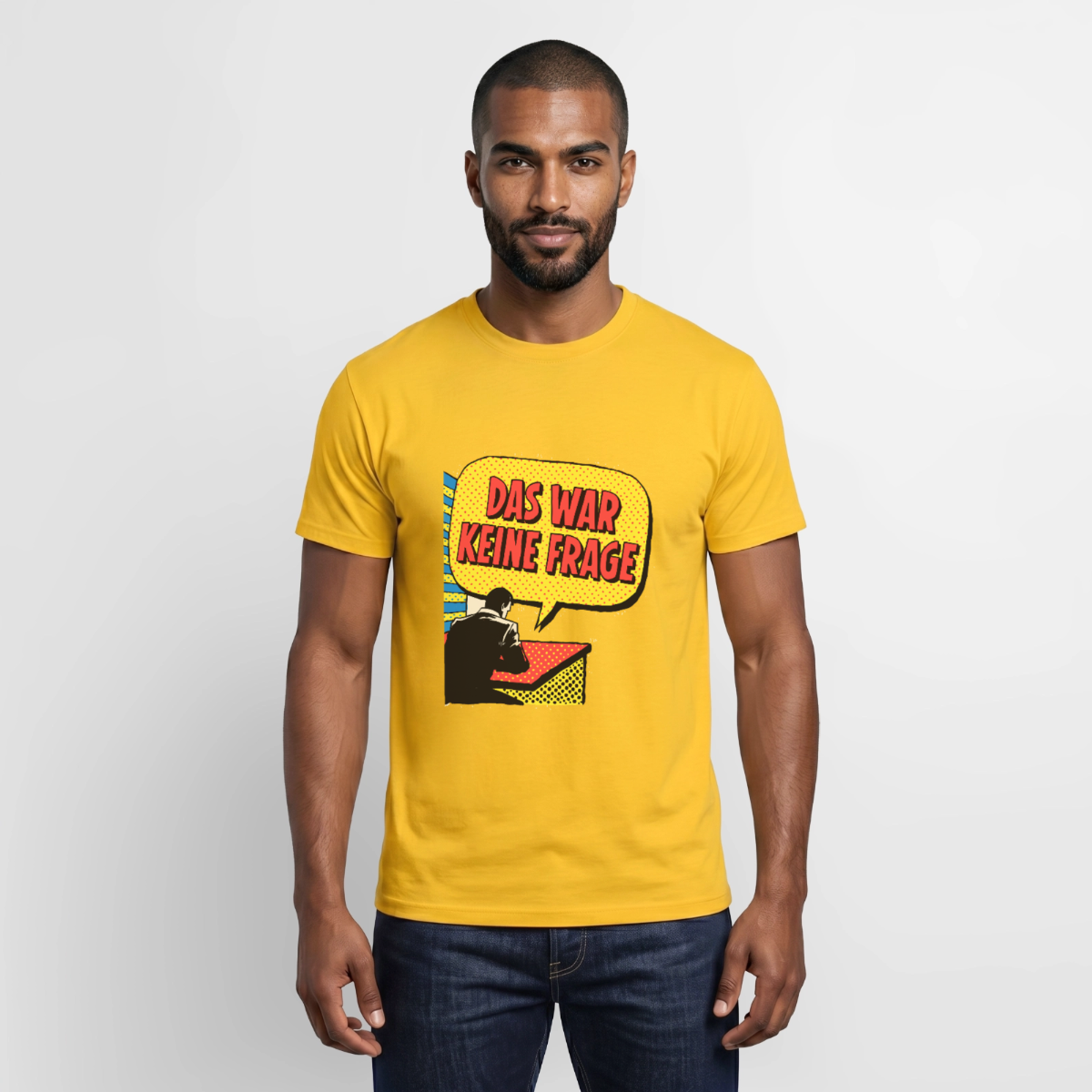 "Das war keine Frage. Popart-Motiv" Motiv-T-Shirt für Männer, Farbe Gelb
