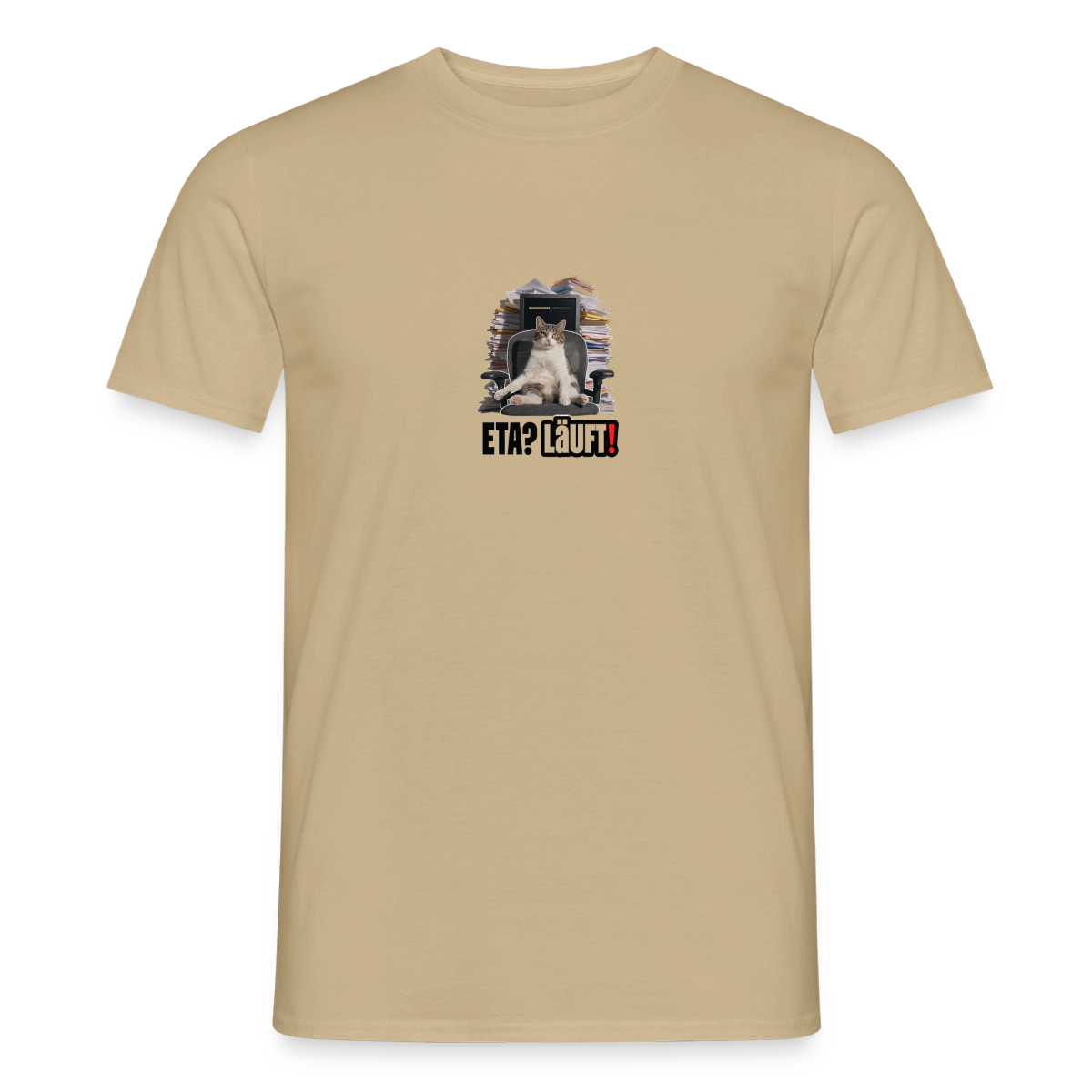 "ETA? Läuft! Bürokatzen-Motiv" Motiv-T-Shirt für Männer, Farbe Sandbeige