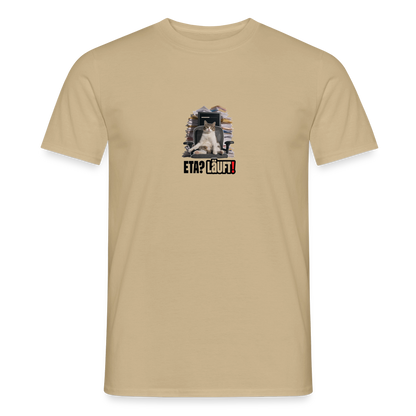 "ETA? Läuft! Bürokatzen-Motiv" Motiv-T-Shirt für Männer, Farbe Sandbeige
