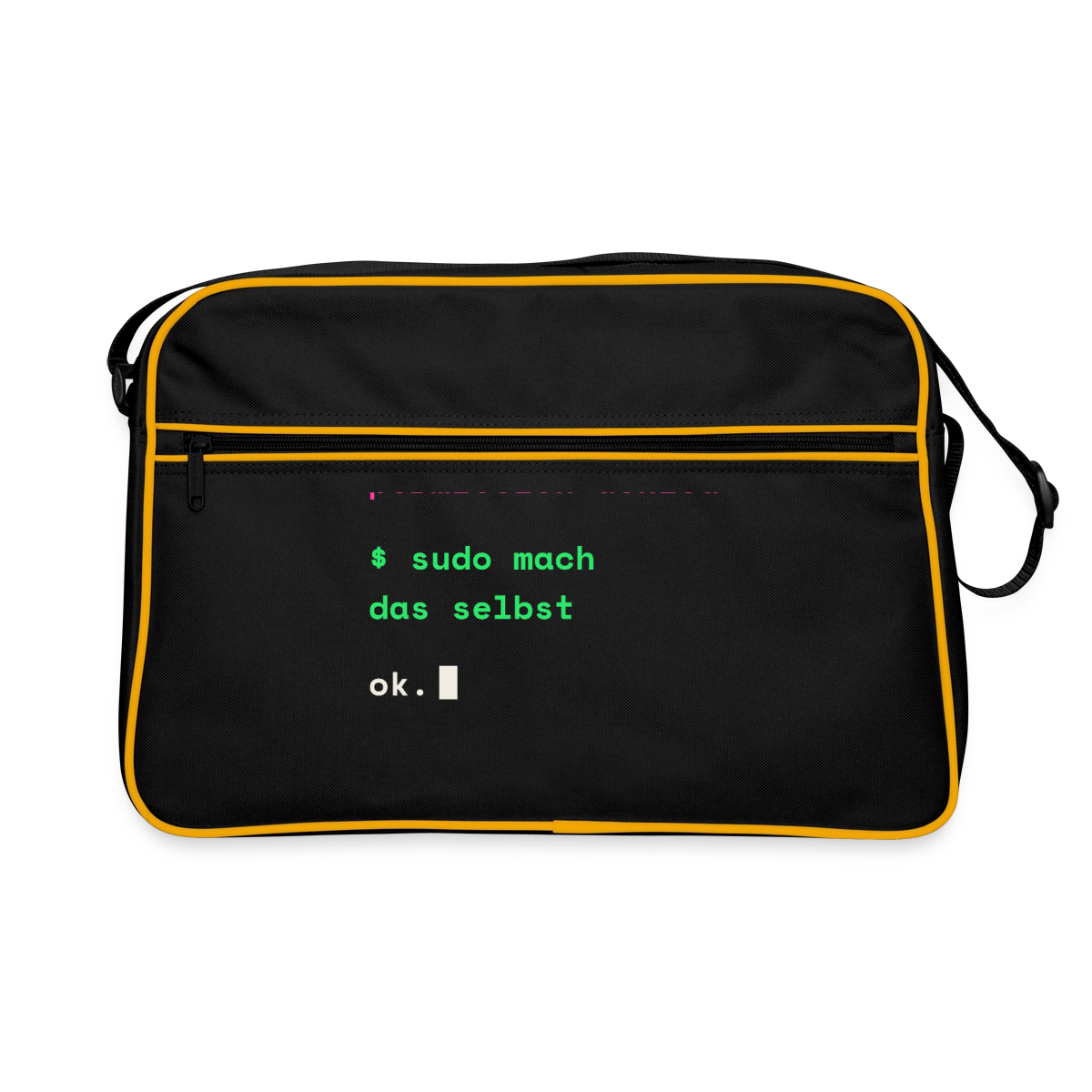 "Mach das mal. Permission denied. Sudo mach das selbst." Motiv-Retro-Tasche, Farbe Schwarz/Gold