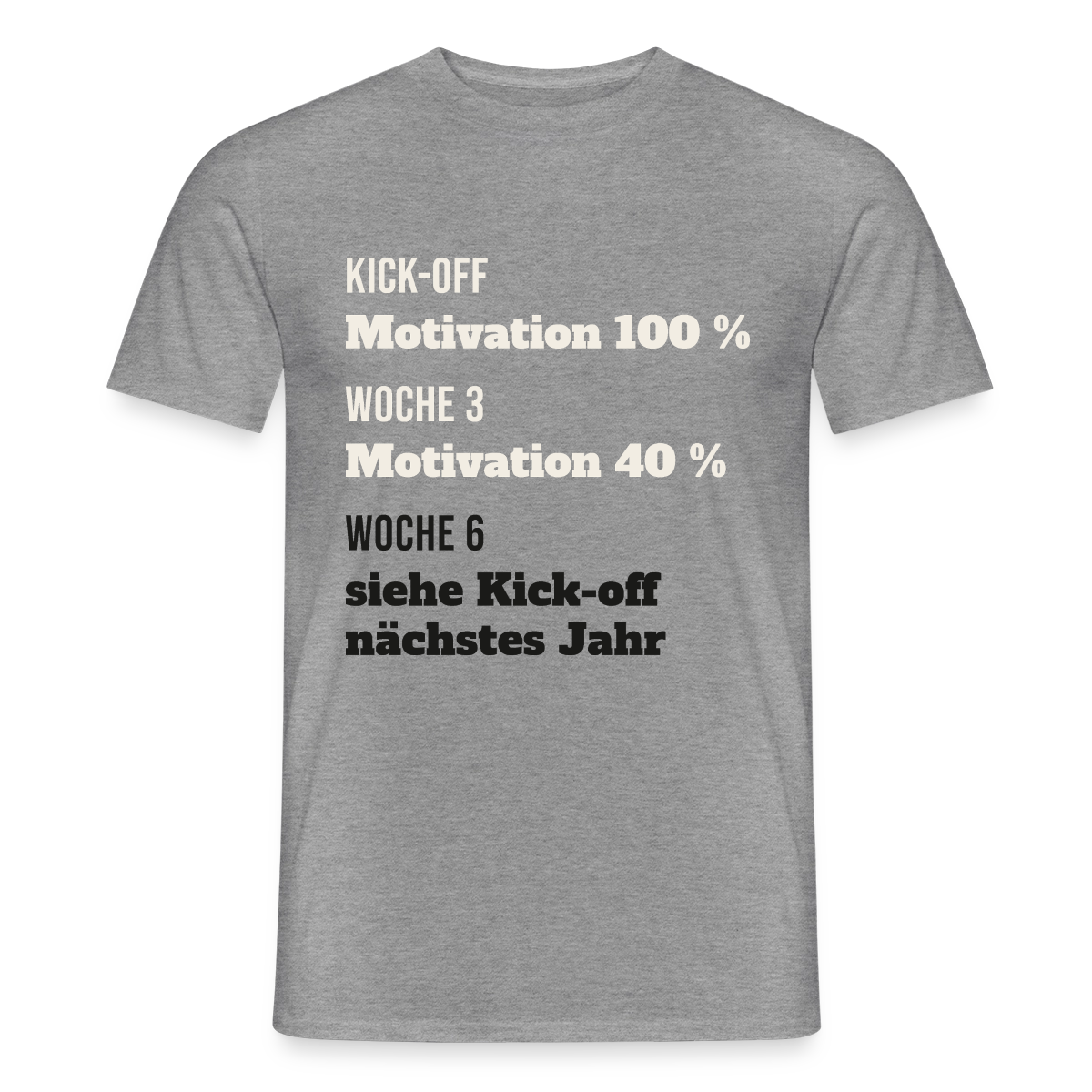 "Kick-off: Motivation 100 %. Woche 3: 40 %. Woche 6: siehe Kick-off nächstes Jahr" Motiv-T-Shirt für Männer, Farbe Graphit meliert