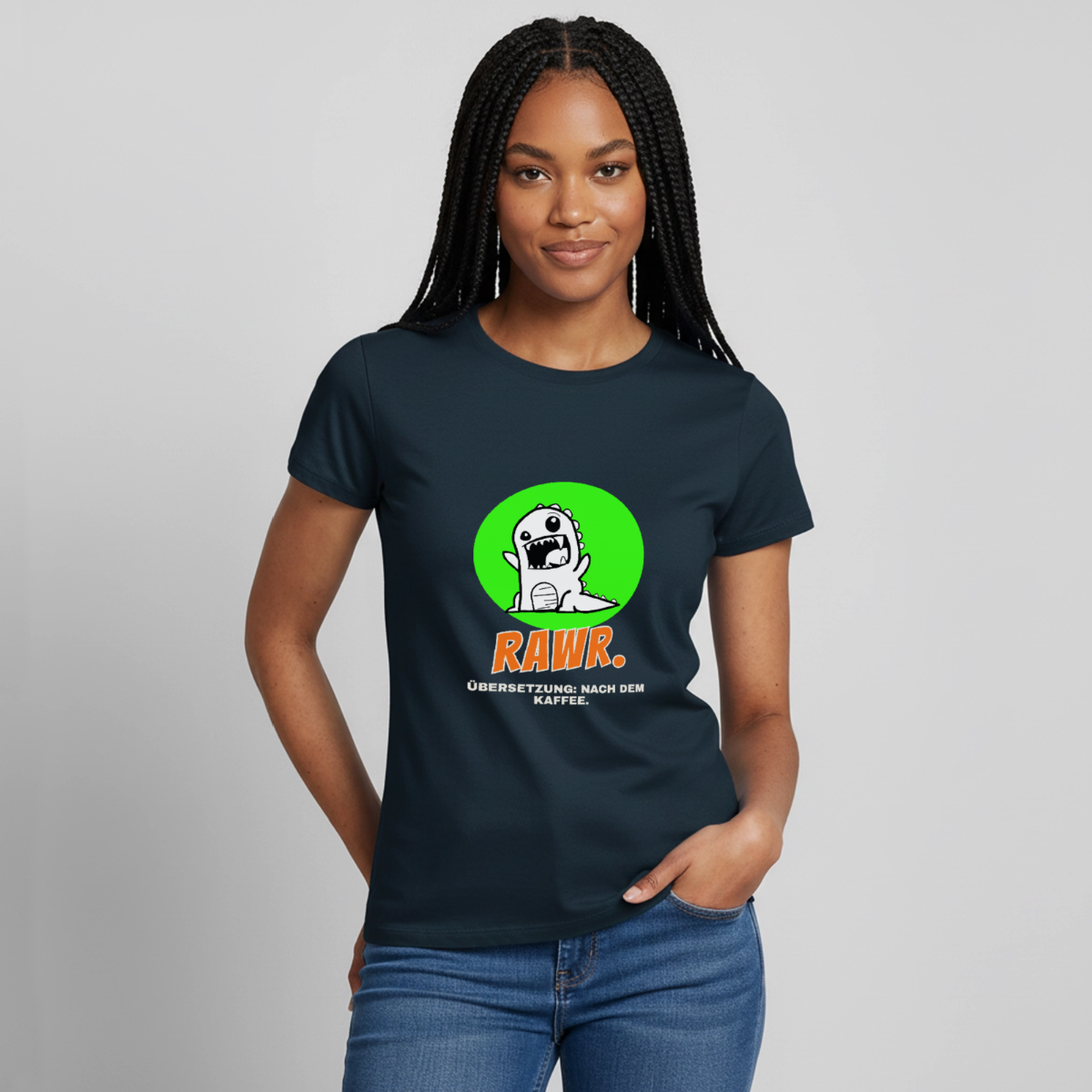 "Rawr. Übersetzung: nach dem Kaffee. Sticker-Motiv" Motiv-T-Shirt für Frauen, Farbe Navy