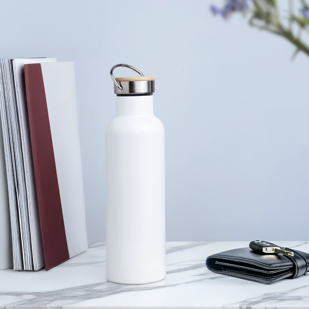 Thermosflasche mit Bambusdeckel - personalisierbar - Weiß