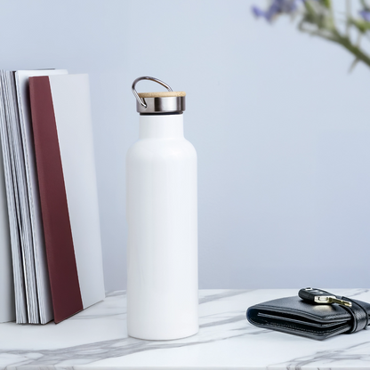 Thermosflasche mit Bambusdeckel - personalisierbar - Weiß