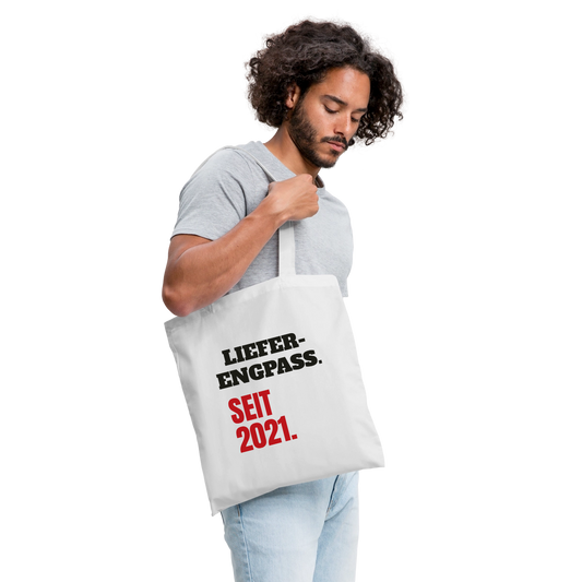 "Lieferengpass. Seit 2021." Stoffbeutel, Farbe Weiß