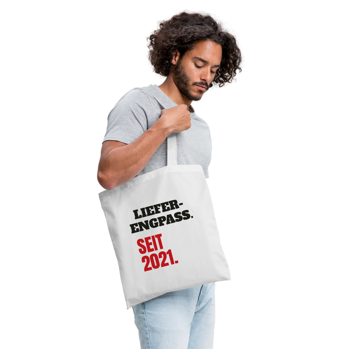 "Lieferengpass. Seit 2021." Stoffbeutel, Farbe Weiß