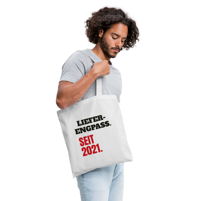 "Lieferengpass. Seit 2021." Stoffbeutel, Farbe Weiß
