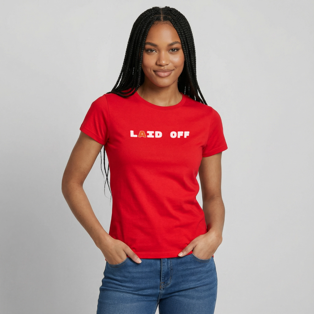 Laid off. Motiv-T-Shirt für Frauen, Farbe Rot, Model