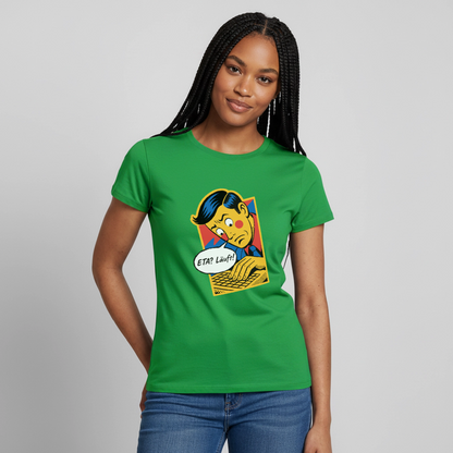 "ETA? Läuft! Popart-Motiv" Motiv-T-Shirt für Frauen, Farbe Kelly Green