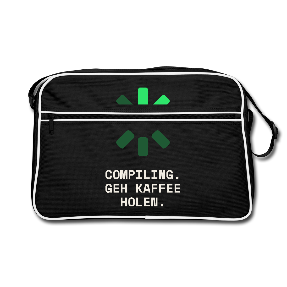 "Compiling. Geh Kaffee holen." Motiv-Retro-Tasche, Farbe Schwarz/Weiß