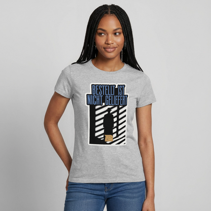 "Bestellt ist nicht geliefert. Film-noir-Motiv" Motiv-T-Shirt für Frauen, Farbe Grau meliert