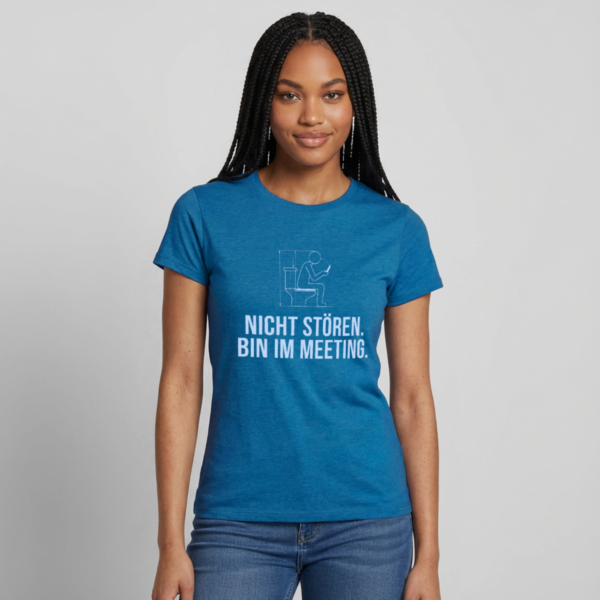 Nicht stören. Bin im Meeting. Motiv-T-Shirt für Frauen, Farbe Antikblaues Saphir meliert, Model