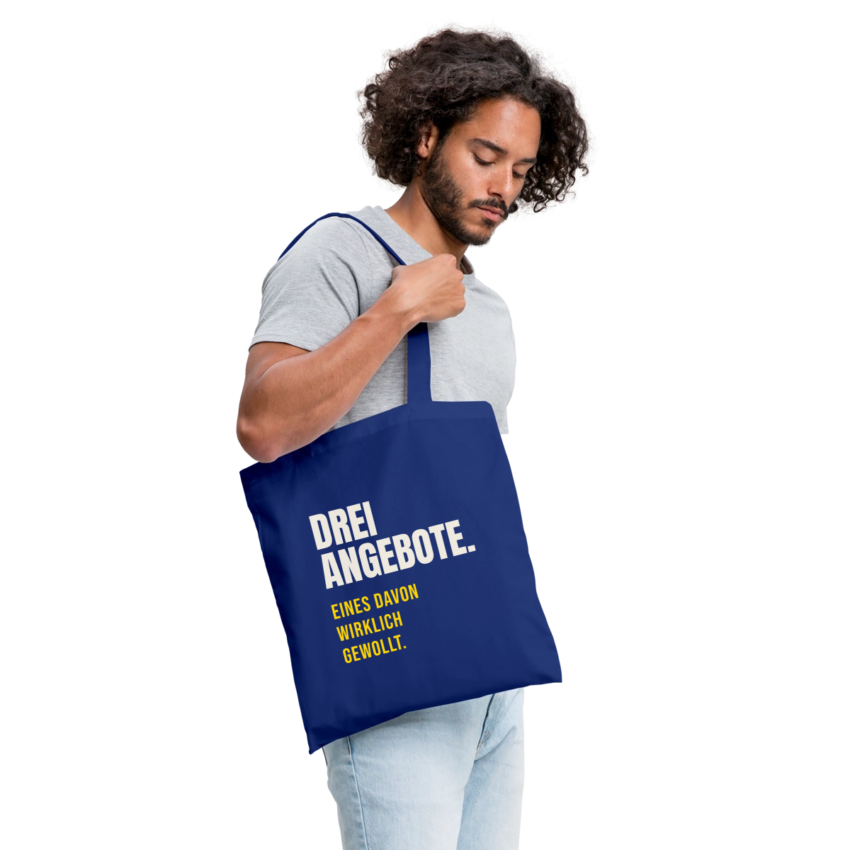"Drei Angebote. Eines davon wirklich gewollt." Stoffbeutel, Farbe Royalblau