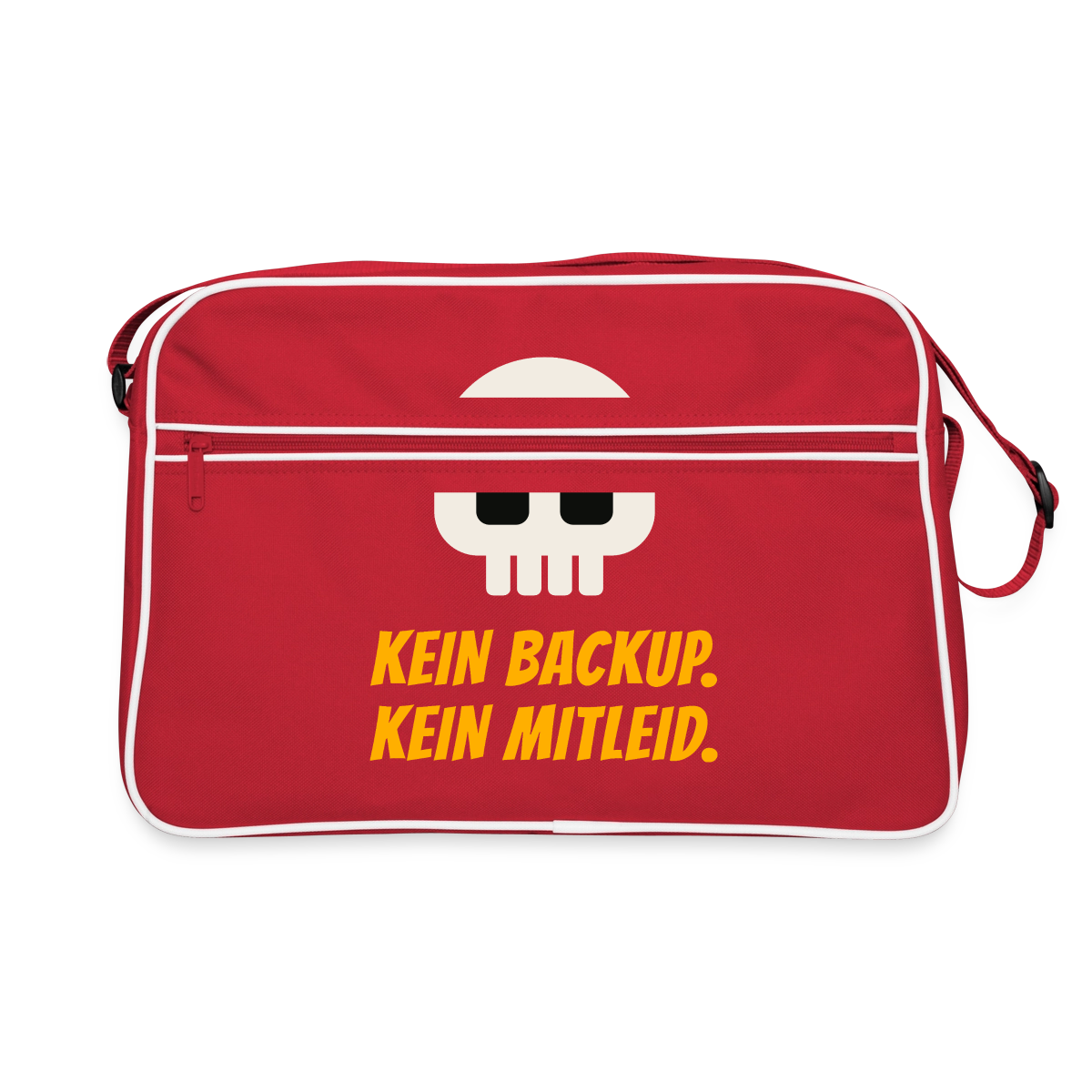 "Kein Backup. Kein Mitleid." Motiv-Retro-Tasche, Farbe Rot/Weiß