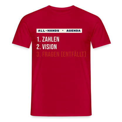 All-Hands-Agenda: 1 Zahlen, 2 Vision, 3 Fragen (entfällt) Motiv-T-Shirt für Männer, Farbe Rot