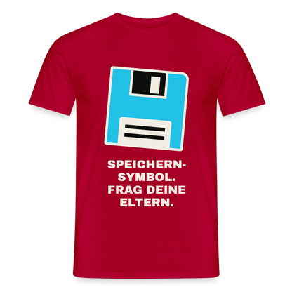 Speichern-Symbol. Frag deine Eltern. Motiv-T-Shirt für Männer, Farbe Rot