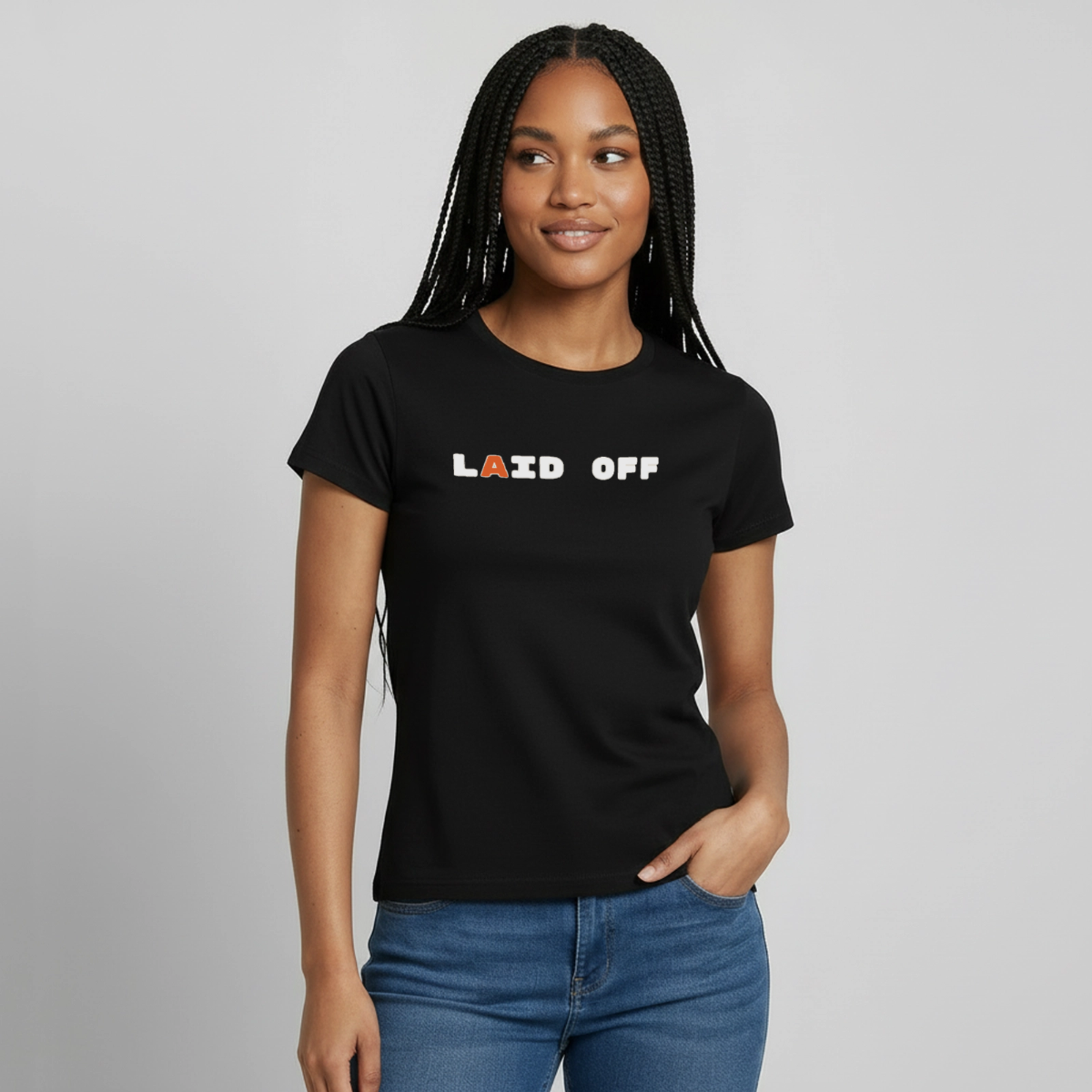 Laid off. Motiv-T-Shirt für Frauen, Farbe Schwarz, Model