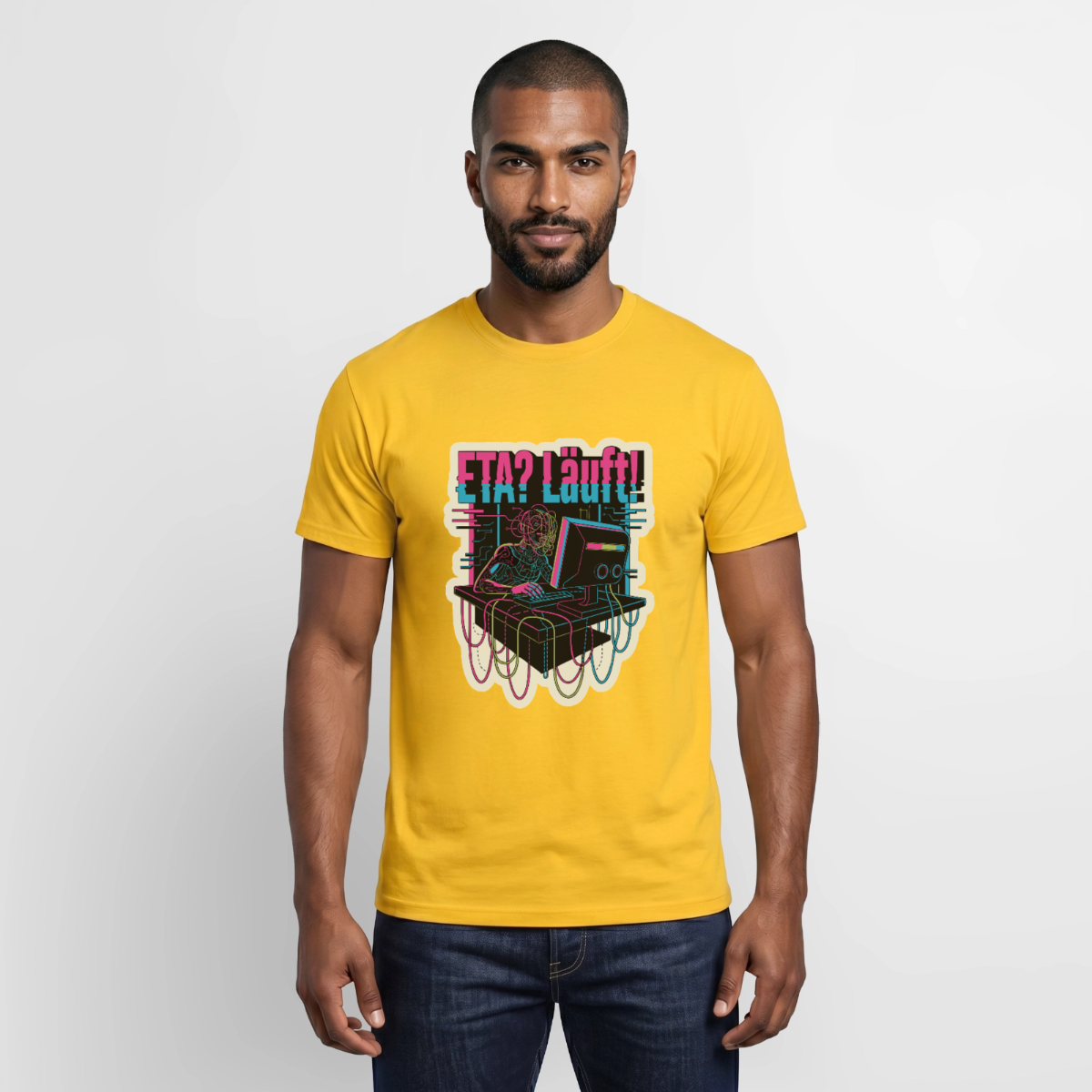 "ETA? Läuft! Cyberpunk-Motiv" Motiv-T-Shirt für Männer, Farbe Gelb