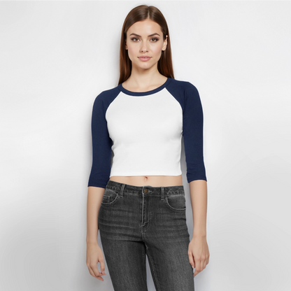Frauen Cropped Baseball T-Shirt 3/4 Arm - personalisierbare Vorder- und Rückseite - Weiß/Navy 
