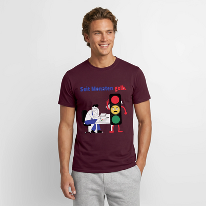 "Seit Monaten gelb. Ampel-Motiv" Motiv-T-Shirt für Männer, Farbe Ziegelrot