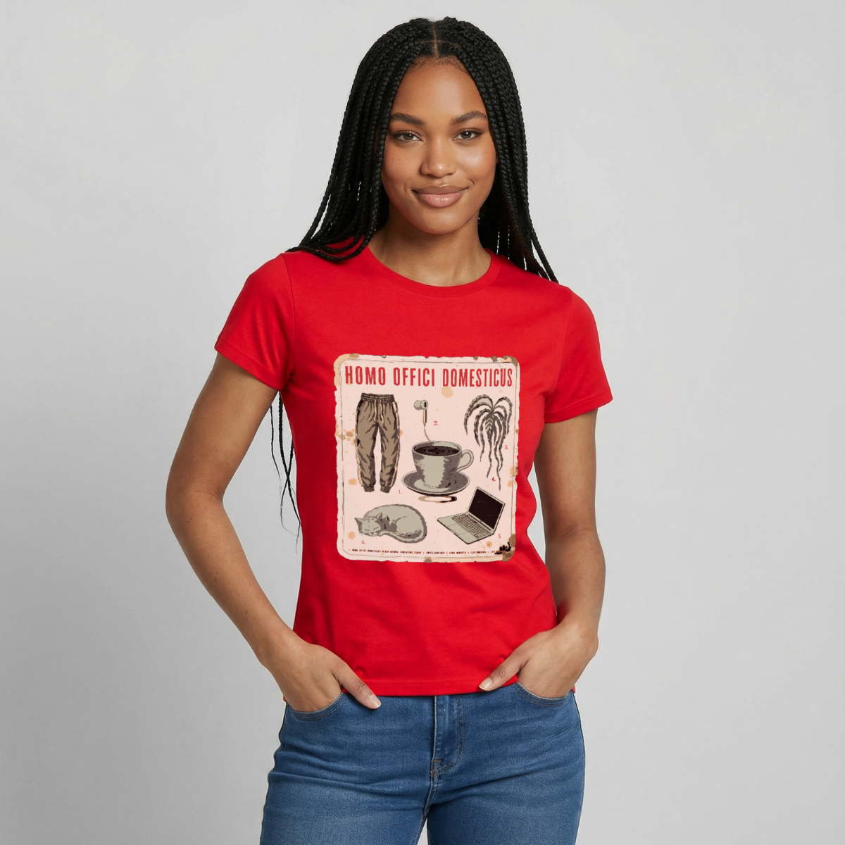 Homo Offici Domesticus Motiv-T-Shirt für Frauen, Farbe Rot, Model