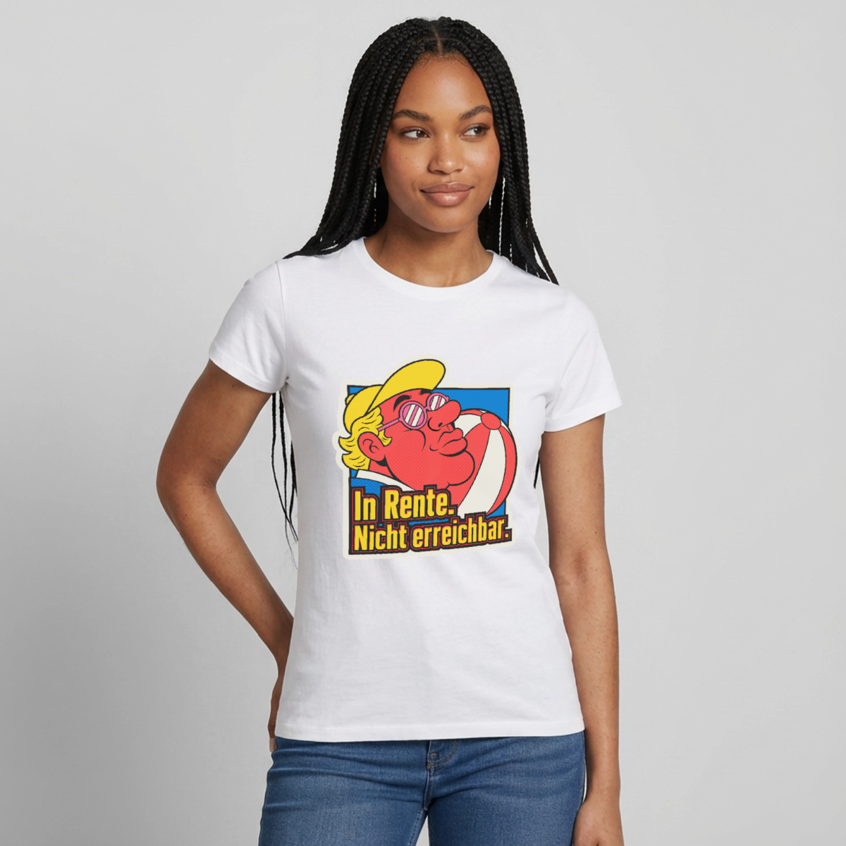 "In Rente. Nicht erreichbar. Popart-Motiv" Motiv-T-Shirt für Frauen, Farbe Weiß