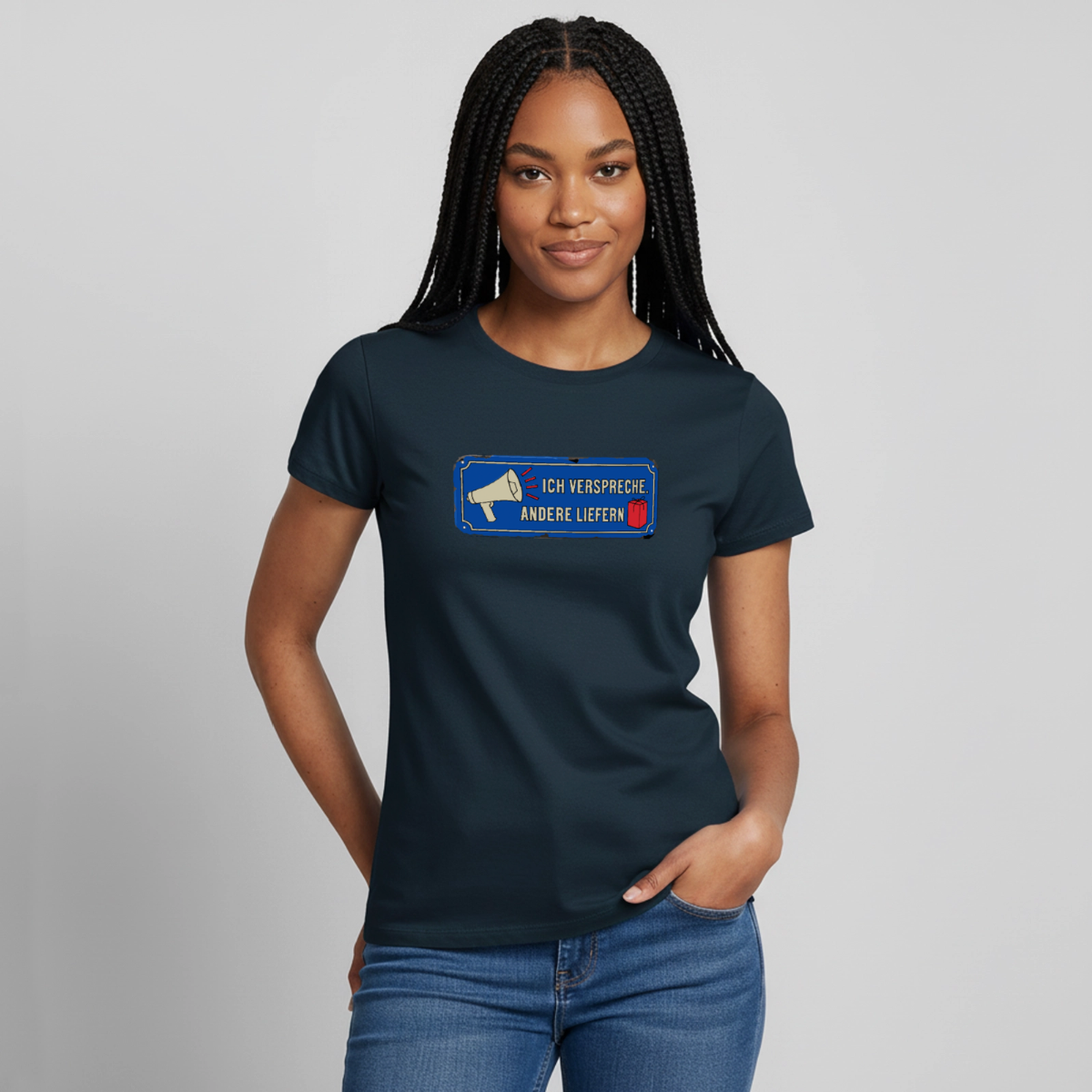 Ich verspreche. Andere liefern. Motiv-T-Shirt für Frauen, Farbe Navy, Model