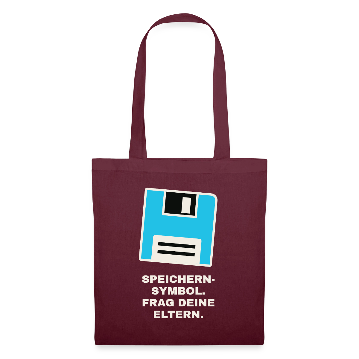 Speichern-Symbol. Frag deine Eltern. Stoffbeutel, Farbe Burgunderrot