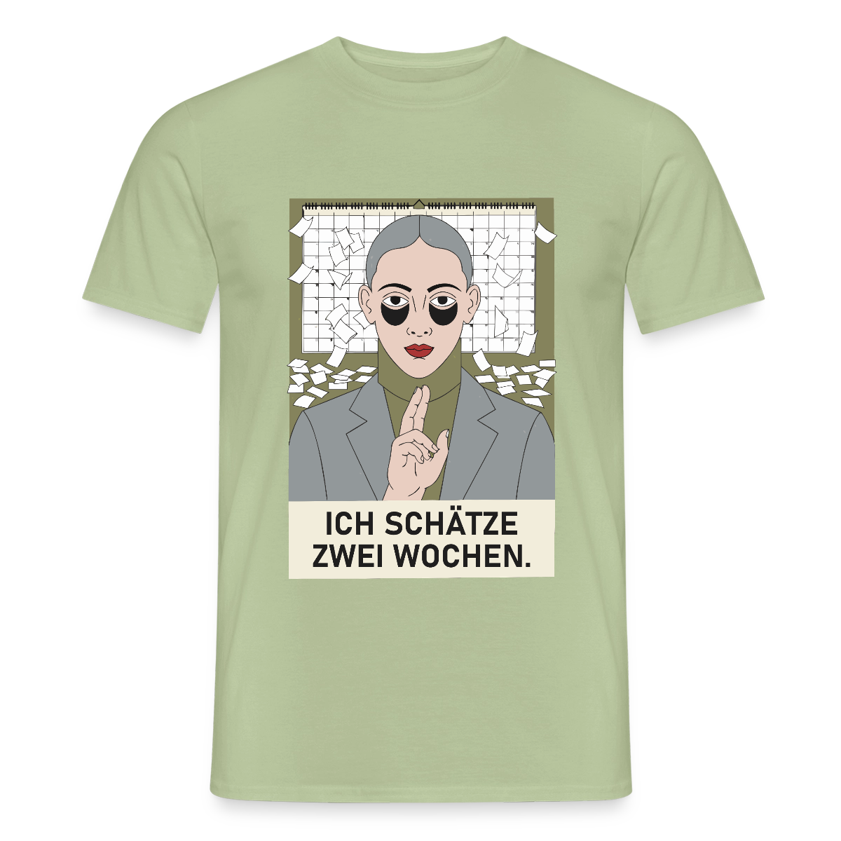 Ich schätze zwei Wochen. Porträt-Motiv Motiv-T-Shirt für Männer, Farbe Sage