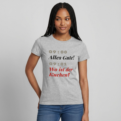 09:00 Alles Gute! 09:01 Wo ist der Kuchen? Motiv-T-Shirt für Frauen, Farbe Grau meliert, Model