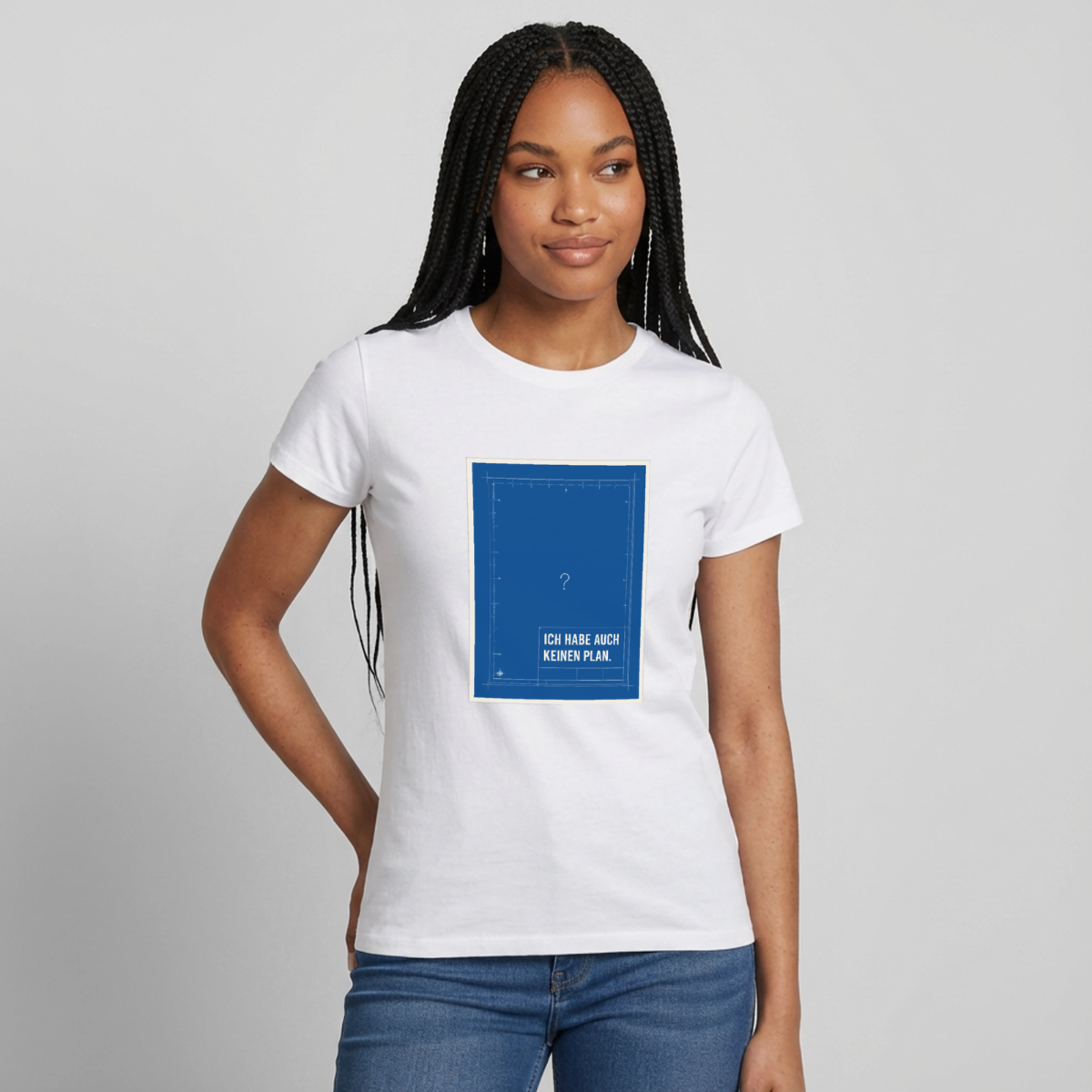 Ich habe auch keinen Plan. Motiv-T-Shirt für Frauen, Farbe Weiß, Model