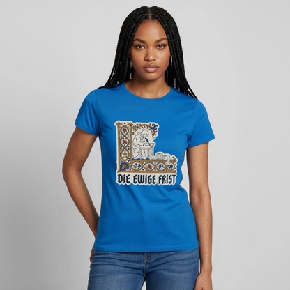 "Die ewige Frist. Buchmalerei-Motiv" Motiv-T-Shirt für Frauen, Farbe Royalblau