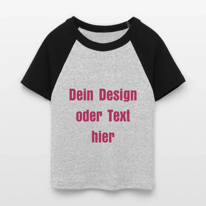 Frauen Cropped Baseball T-Shirt - personalisierbare Vorder- und Rückseite - Grau meliert/Schwarz