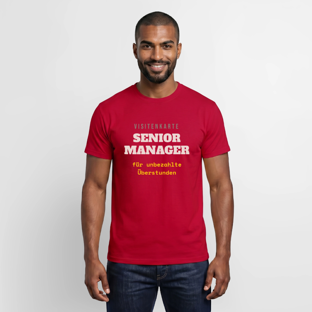 "Senior Manager für unbezahlte Überstunden" Motiv-T-Shirt für Männer, Farbe Rot
