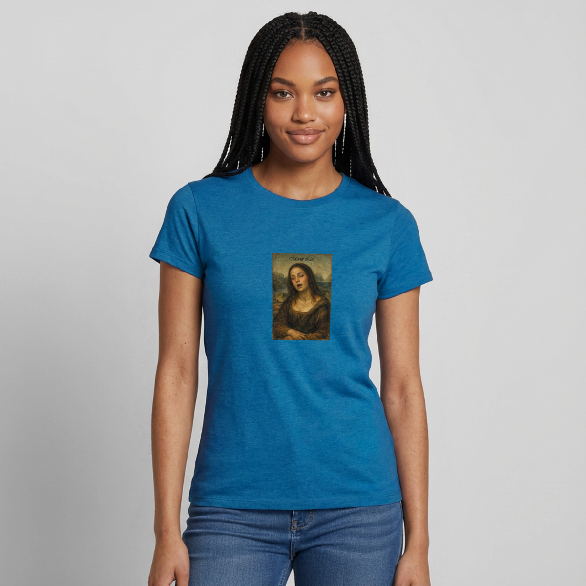 Moan Lisa Motiv-T-Shirt für Frauen, Farbe Antikblaues Saphir meliert, Model