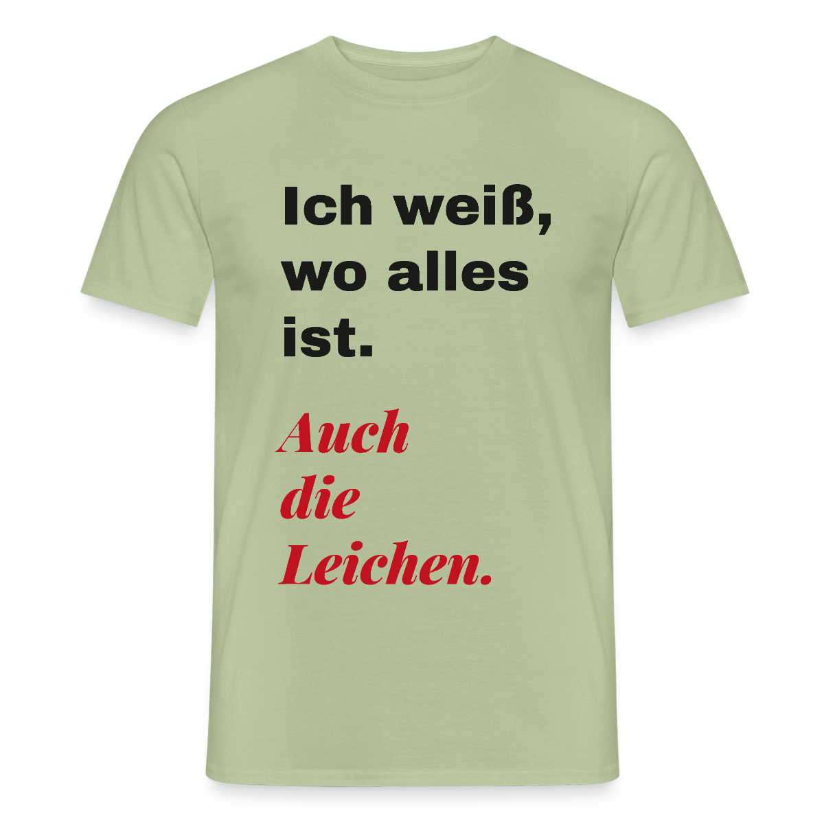 Ich weiß, wo alles ist. Auch die Leichen. Motiv-T-Shirt für Männer, Farbe Sage