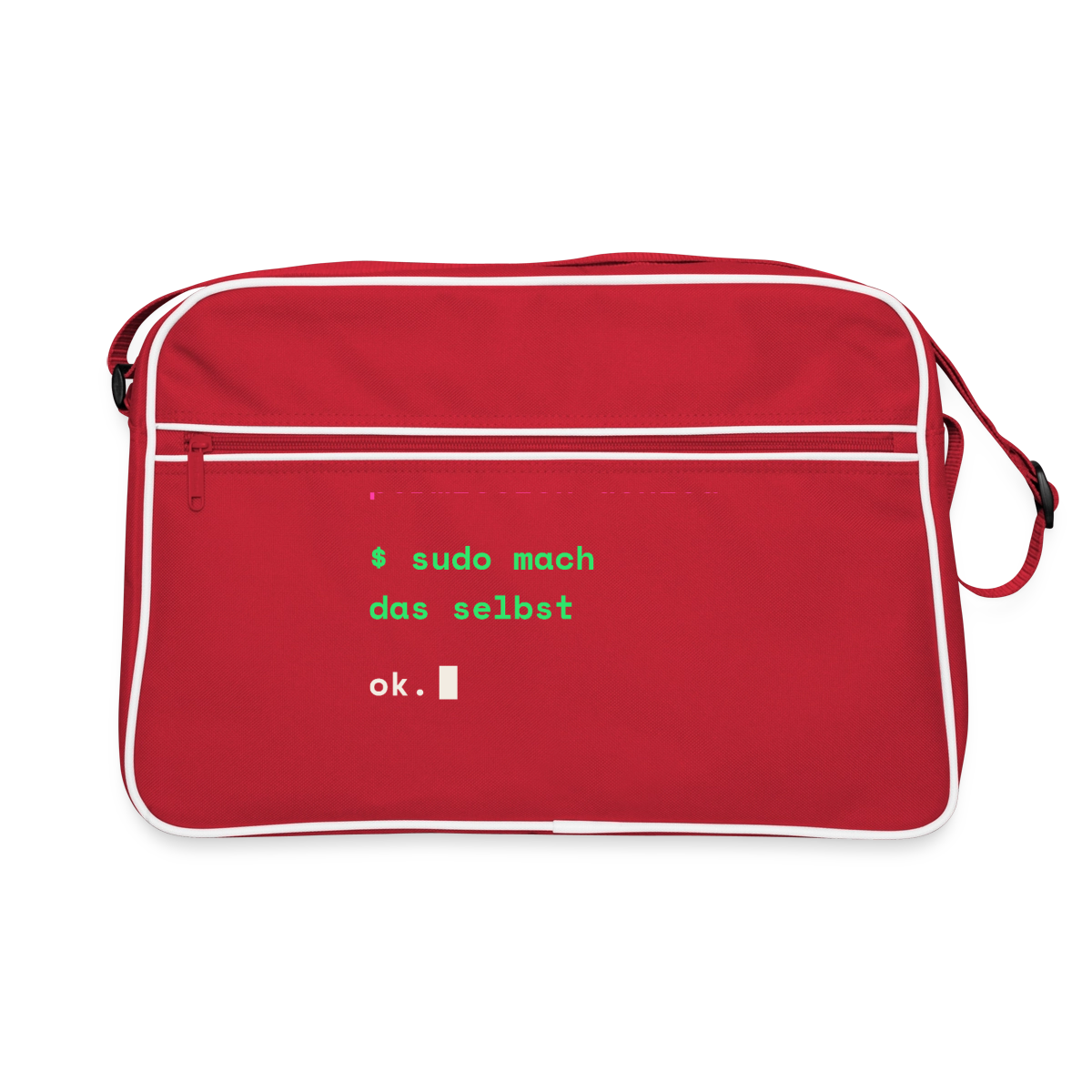 "Mach das mal. Permission denied. Sudo mach das selbst." Motiv-Retro-Tasche, Farbe Rot/Weiß