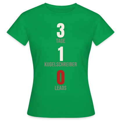 3 Tage. 1 Kugelschreiber. 0 Leads. Motiv-T-Shirt für Frauen, Farbe Kelly Green