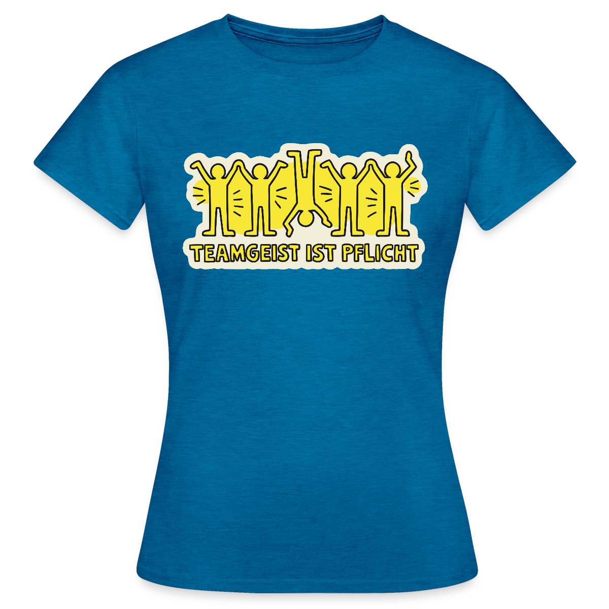Teamgeist ist Pflicht. Pop-Art-Motiv Motiv-T-Shirt für Frauen, Farbe Antikblaues Saphir meliert
