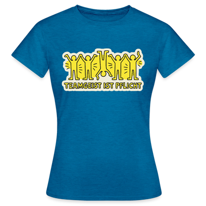 Teamgeist ist Pflicht. Pop-Art-Motiv Motiv-T-Shirt für Frauen, Farbe Antikblaues Saphir meliert