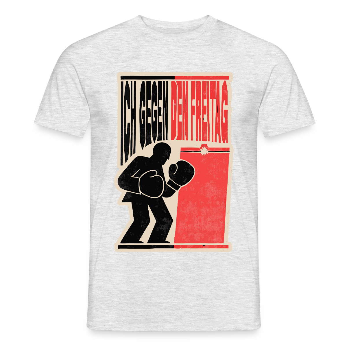 "Ich gegen den Freitag. Boxplakat-Motiv" Motiv-T-Shirt für Männer, Farbe Grau meliert