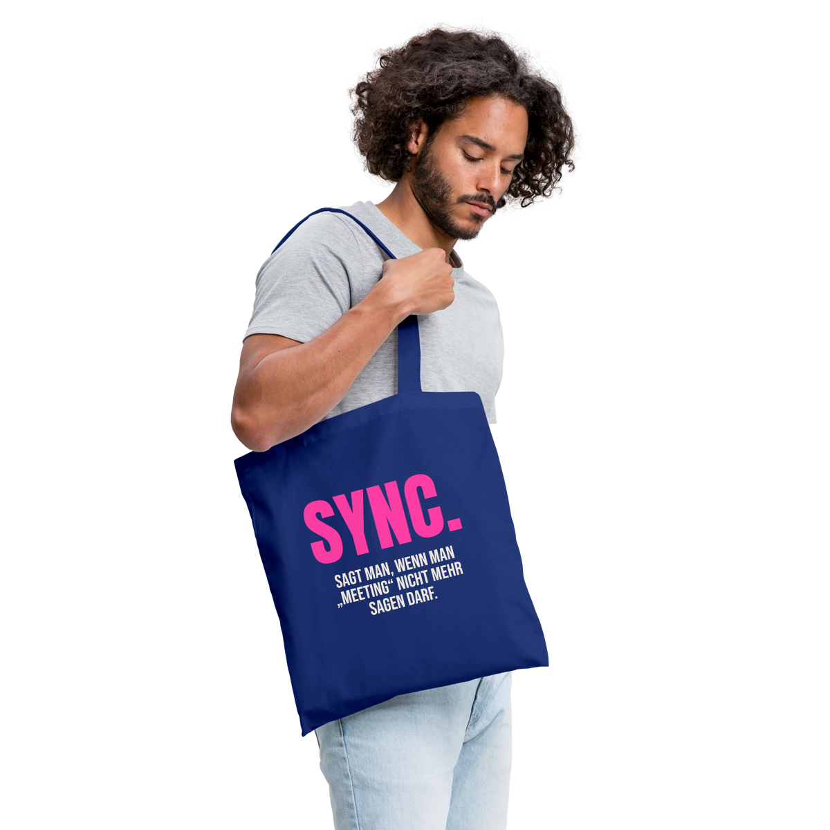 "Sync: sagt man, wenn man Meeting nicht mehr sagen darf." Stoffbeutel, Farbe Royalblau
