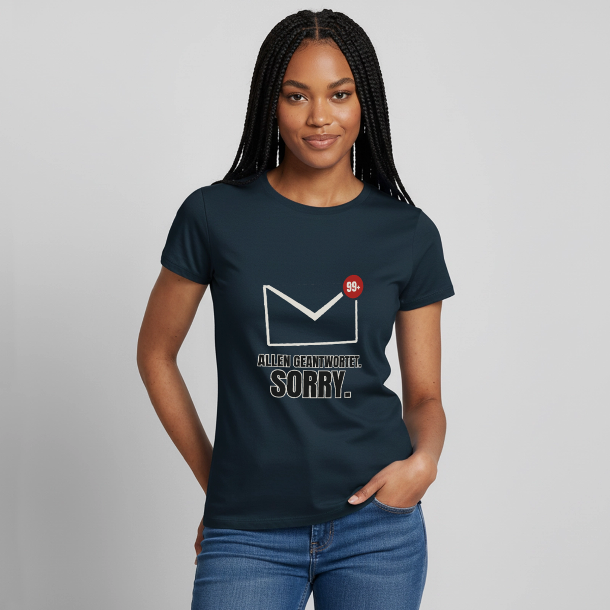 "Allen geantwortet. Sorry." Motiv-T-Shirt für Frauen, Farbe Navy