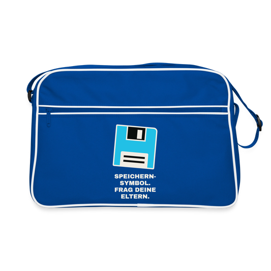 "Speichern-Symbol. Frag deine Eltern." Motiv-Retro-Tasche, Farbe Blau/Weiß