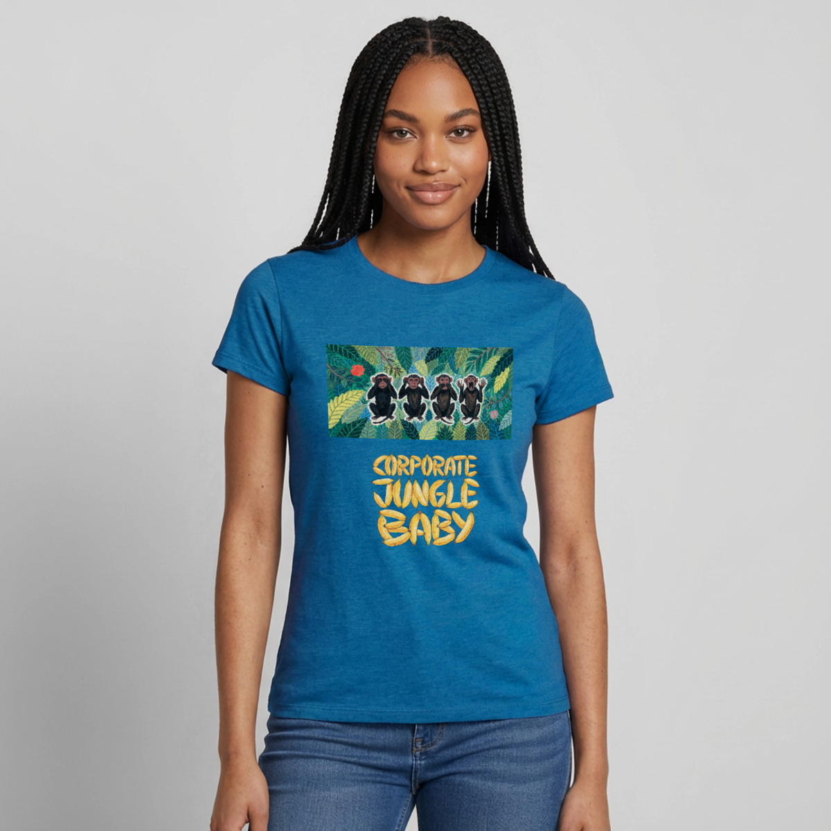 Corporate Jungle, Baby! Motiv-T-Shirt für Frauen, Farbe Antikblaues Saphir meliert, Model