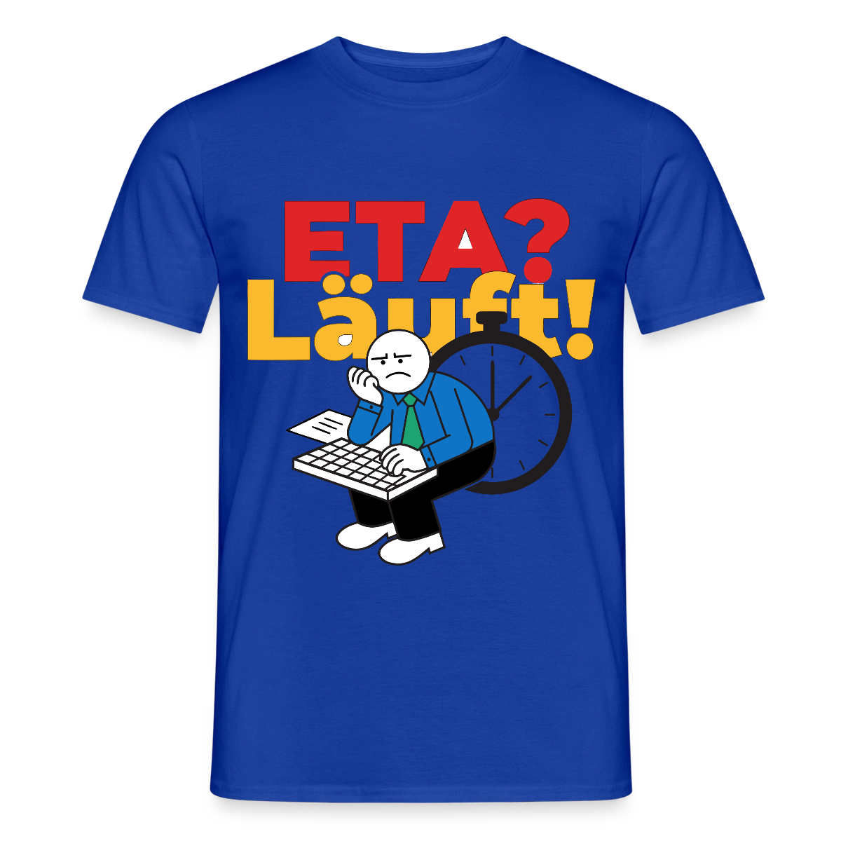 "ETA? Läuft! Strichfiguren-Motiv" Motiv-T-Shirt für Männer, Farbe Dunkelblau