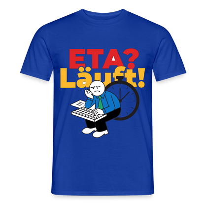 "ETA? Läuft! Strichfiguren-Motiv" Motiv-T-Shirt für Männer, Farbe Dunkelblau